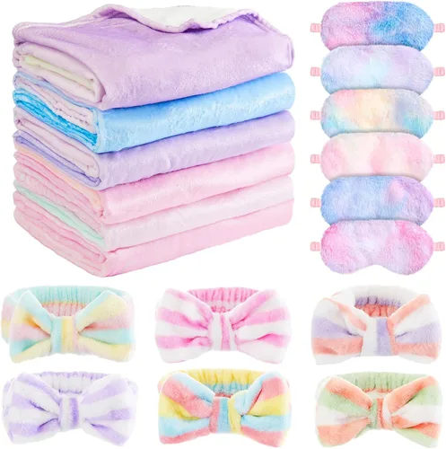 Fanfanwin 18 piezas de suministros de fiesta de pijamas para niñas, 6 estilos lindos degradados, 6 diademas de forro polar coral para spa, 6