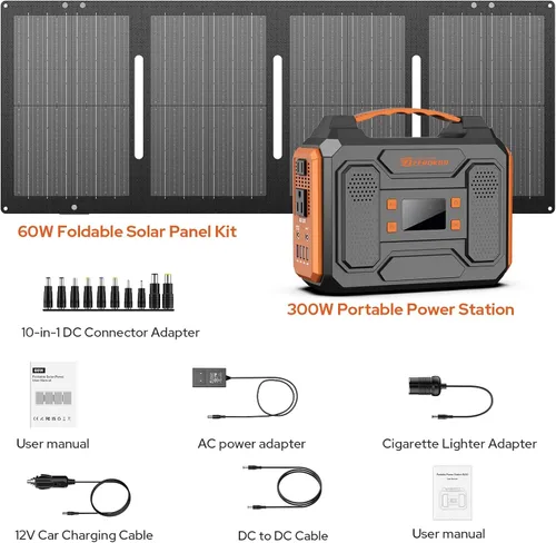 Miniatura 9 de Generador Solar Portátil, Estación de Energía Portátil de 300W con Panel Solar Plegable de 60W, Paquete de Batería de Onda Sinusoidal Pura de 110V
