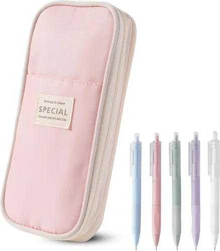 Estuche para lápices de gran capacidad con 5 bolígrafos de gel negros (rosa) | Expandable, Water-resistant, 4-compartment design, Versatile, Quality
