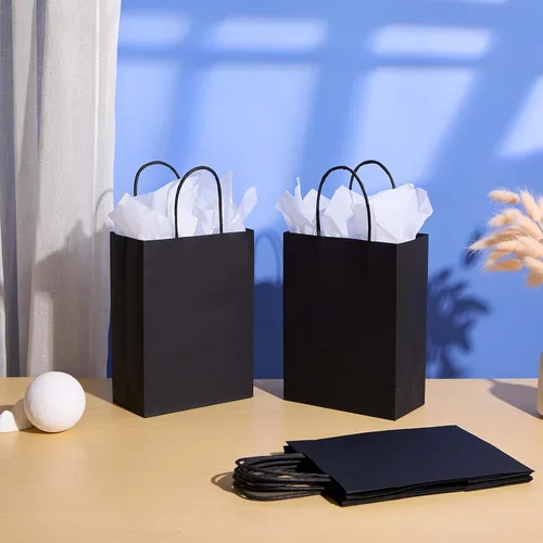 Miniatura 2 de SUNCOLOR Paquete de 12 pequeñas bolsas de regalo negras con asas, bolsas de papel de 8 pulgadas para recuerdos de fiesta, cumpleaños, Halloween