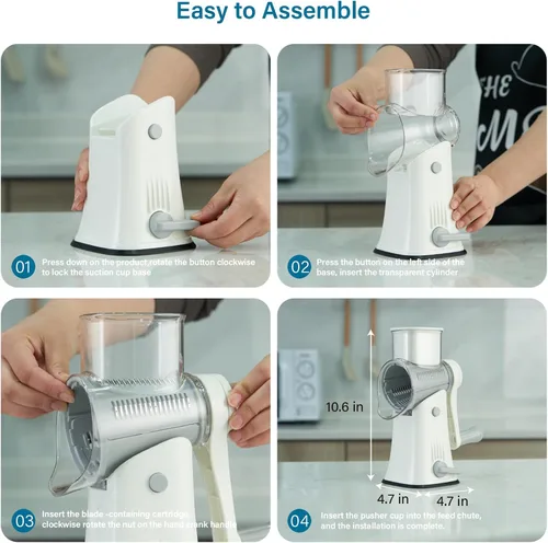 Miniatura 5 de Rallador rotativo de queso, manivela de mano, trituradora de queso de 5 cuchillas, succión más fuerte, fácil de limpiar para frutas, verduras, Blanco