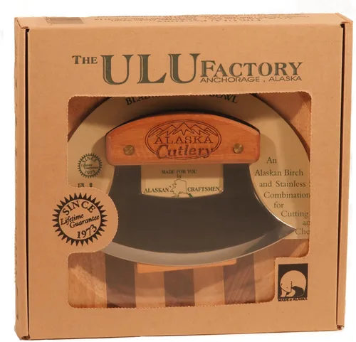 Alaska Ulu Juego de cuchillos curvos con mango de madera y tabla de cortar Mezzaluna Hecho en Alaska USA Ulu Factory