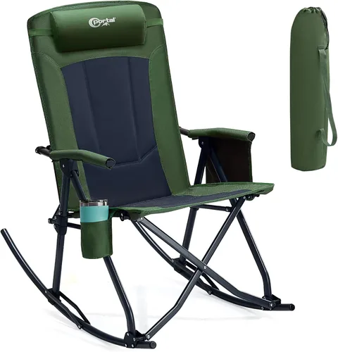 Miniatura 12 de PORTAL Silla mecedora plegable de gran tamaño para acampar, portátil, para exteriores, con respaldo alto, reposabrazos duros, bolsa de transporte