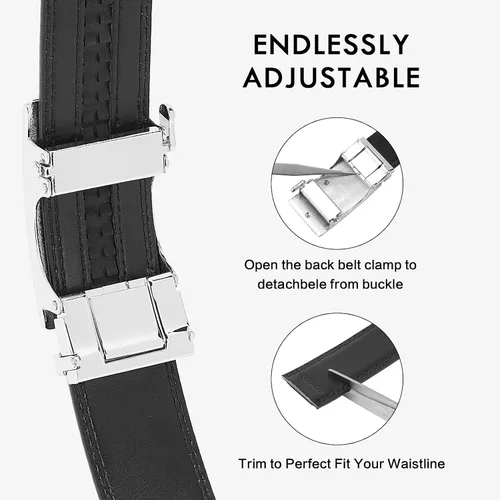 Miniatura 3 de BOSTANTEN Cinturón de cuero con trinquete para hombre con hebilla ajustable deslizante, corte para adaptarse, Negro
