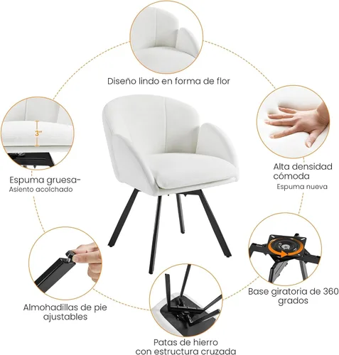 Miniatura 6 de Yaheetech Silla Giratoria de Acento, Sillón de Chenilla con Flores, Silla de Tocador Silla Auxiliar con Base Giratoria de 360 Grados y Cojín
