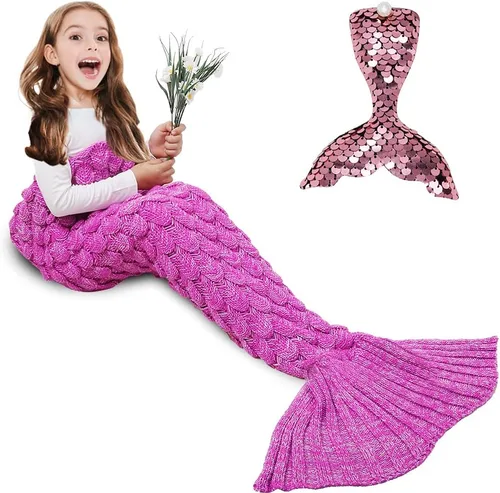 Miniatura 20 de AmyHomie Manta de cola de sirena, manta para niños, saco de dormir de sirena de ganchillo, regalo de sirena para niñas (azul claro, niños)