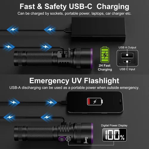 Miniatura 11 de Goreit Luz negra de 365 nm con lente de filtro, linterna de luz UV fuerte de 30 W, recargable con pantalla LCD, luz negra ultravioleta