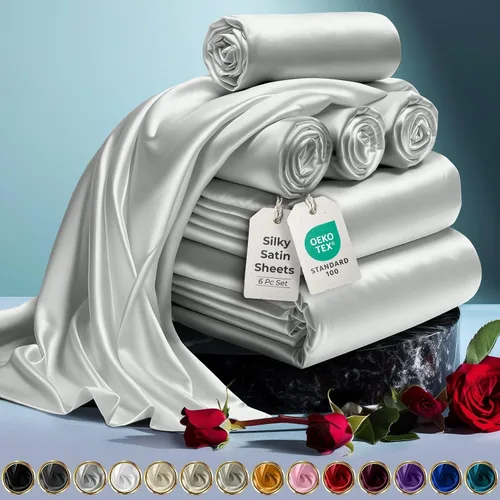 Miniatura 40 de DECOLURE Sábanas de satén para cama - Juego de 6 piezas de ropa de cama de lujo sedosa tamaño King - Más suave que la seda, sin arrugas con sábana