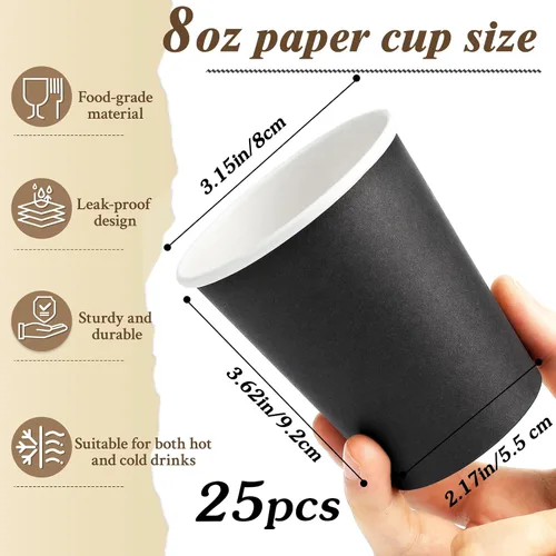 Miniatura 2 de Paquete de 25 vasos de papel desechables negros de 8 onzas, tazas de café caliente, taza de té de papel, vasos desechables, vasos para bebidas