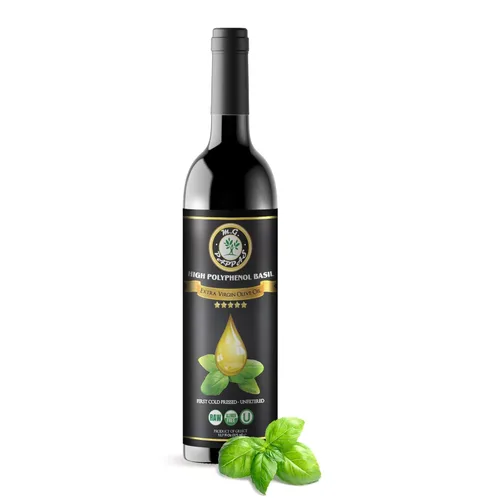 M.G. PAPPAS Aceite de oliva extra virgen infundido con albahaca rico en polifenoles - Aceite de oliva griego prensado en frío y sin filtrar - Alto