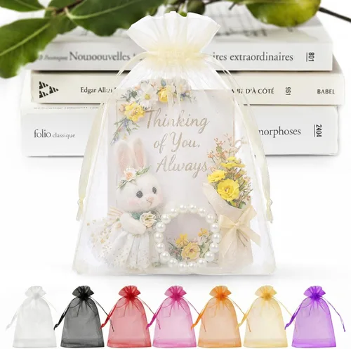 Miniatura 12 de ANZNKU 50 bolsas de organza dorada de alta calidad de 5 x 7 pulgadas, bolsas de malla con cordón, bolsa de regalo tamaño pequeño, bolsa de organza