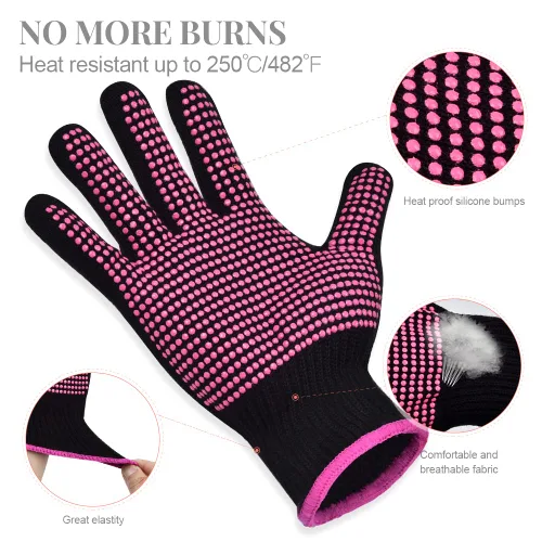 Miniatura 2 de IKOCO Guantes térmicos para peinar el cabello, 2 guantes resistentes al calor con bolsa de silicona para rizador, plancha plana, alisador, Rosa