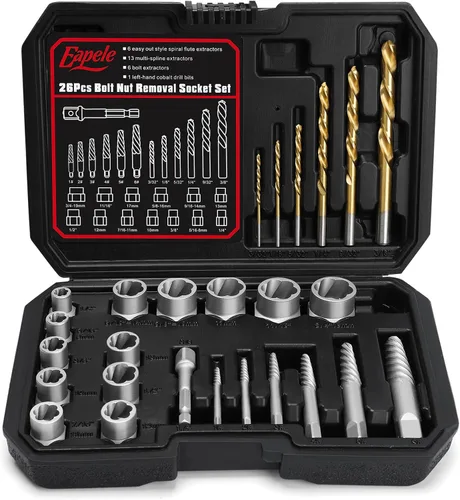 Eapele Juego de extractor de tornillos, enchufes giratorios para quitar tuercas peladas, se ajusta a unidad cuadrada de 3/8 pulgadas con estuche de
