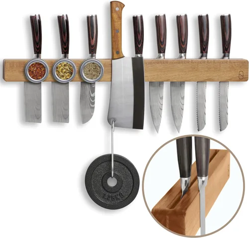 Soporte magnético para cuchillos de 24 pulgadas para pared con 2 almacenamiento y madera encantadora, tira magnética para cuchillos, almacenamiento