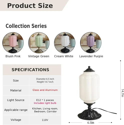 Miniatura 8 de Lámpara de mesa vintage de vidrio de leche con control táctil, elegante lámpara de noche de vidrio blanco regulable de 3 vías con puertos de carga