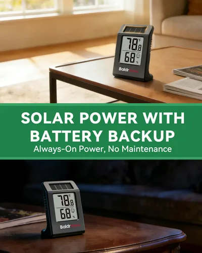 Miniatura 3 de BALDR 2-Pack Digital Hygrometer Thermometer, Solar Power with Battery Backup Temperature and Humidity Monitor, Mini Room Thermometer with Comfort