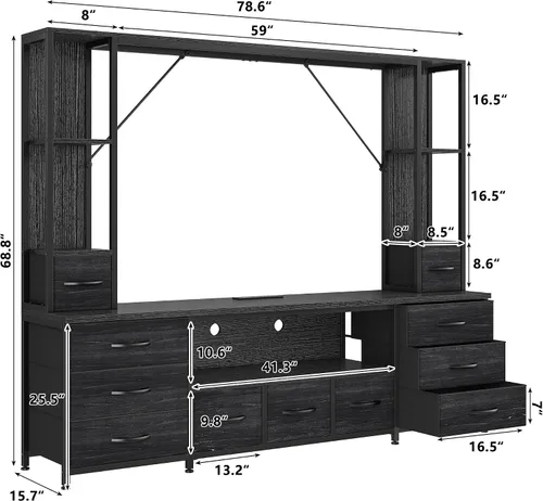 Miniatura 2 de EnHomee Soporte de TV de 65 pulgadas para sala de estar, gran centro de entretenimiento con 11 cajones de tela, 2 luces LED y tomas de corriente