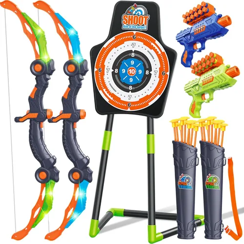GMAOPHY Paquete de 2 juguetes de arco y flecha para niños de 5, 6, 7, 8, 9, 10, 11, 12 años, cumpleaños para niños, juegos deportivos para