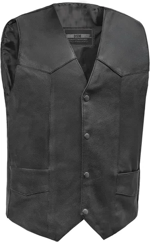 Daniel Smart - Chaleco de motociclista para hombre, económico, de piel de vaca, negro, con diseño único en forma de V y múltiples bolsillos
