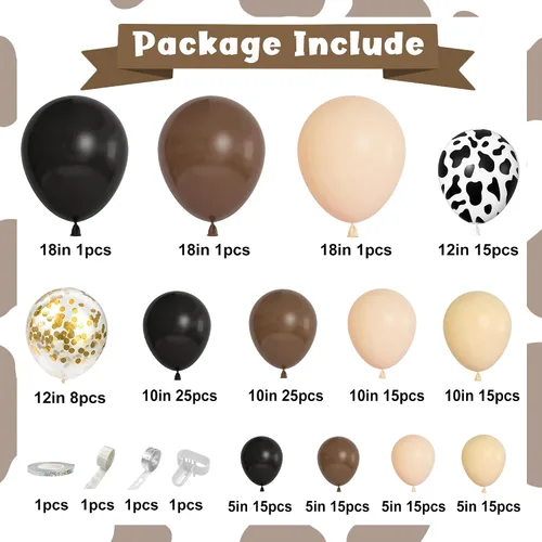 Miniatura 2 de Kit de Arco de Guirnalda de Globos de Vaquero Occidental de 170 Piezas, Globos de Confeti Negro y Marrón con Estampado de Vaca para Granja