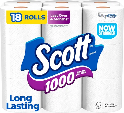 Miniatura 14 de Scott - 1000 hojas por rollo de papel higiénico, 4 rollos, toallas de baño