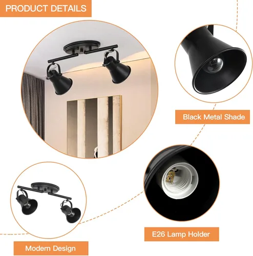 Miniatura 8 de Iluminación de pista de 2 luces para techo, lámpara de techo direccional industrial de luz puntual, lámpara de techo de montaje empotrado en negro