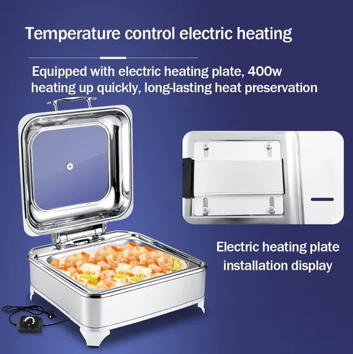 Miniatura 4 de Calentador de alimentos de 9 litros, juego de bufé rectangular con tapa visible de vidrio y control de temperatura, servidores de buffet