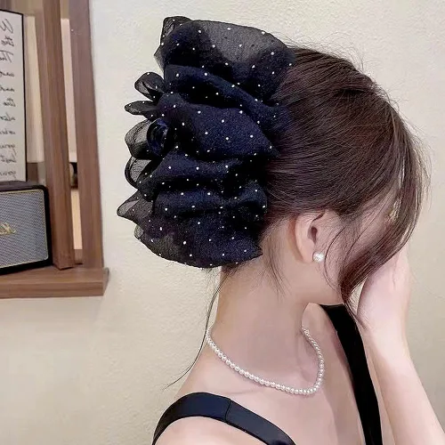 Miniatura 6 de Myhiju Pinza para el cabello, pinza de pelo de tul de malla de gasa negra, clip de lazo de seda de sujeción fuerte para mujeres, accesorios
