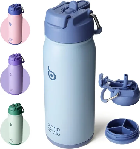Miniatura 12 de BOTTLE BOTTLE Botella de agua deportiva de 16 onzas de acero inoxidable aislada para niños con pajita y porta pastillas para regalos y la escuela