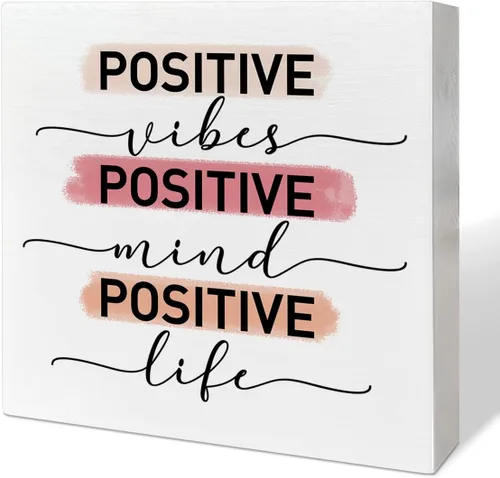 Escritorio de oficina en casa, caja de madera, decoración de letrero de caja de madera positiva, vida mental, citas inspiradoras, decoración de