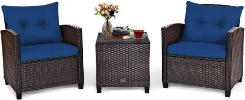 Miniatura 19 de Tangkula Juego de muebles de patio de 3 piezas, mimbre de ratán PE, juego de sofá de 3 piezas para exteriores con cojín lavable y superficie de mesa