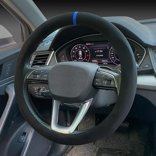 Miniatura 4 de Carodi Funda de gamuza para volante, de cuero antideslizante, ajuste interior de automóvil de 15 pulgadas, universal Negro (etiqueta azul)