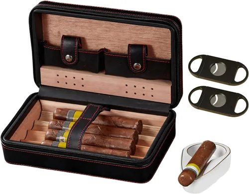 Estuche para puros, humidificador de viaje, paquete de 4 fundas de cuero de cedro negro con cortador de puros, humidificador, cenicero y toalla para