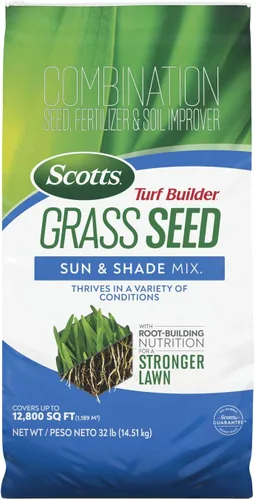 Scotts – Mezcla de semillas de césped Turf Builder Sun & Shade con fertilizante y mejorador de suelo, prospera en diversas condiciones, 32 libras