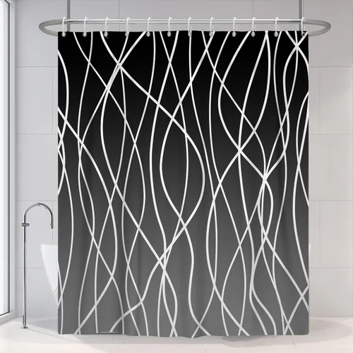 Miniatura 30 de Cortina de ducha pequeña a rayas gris claro degradado para baño, 36 x 72 pulgadas, juego de cortina de ducha geométrica para cabina de RV