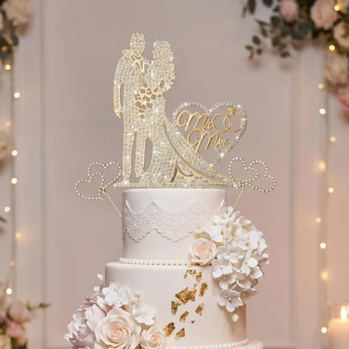 Paquete de 3 decoraciones de tarta de boda Sr. y Sra. con strass, decoración de tarta de boda de metal, decoración de tarta de boda de cristal en