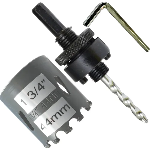 Miniatura 77 de Sierra de agujero HSS con mandril piloto de 2 piezas de alta velocidad para perforar madera y acero, broca de 1/4" de diámetro y eje, broca piloto