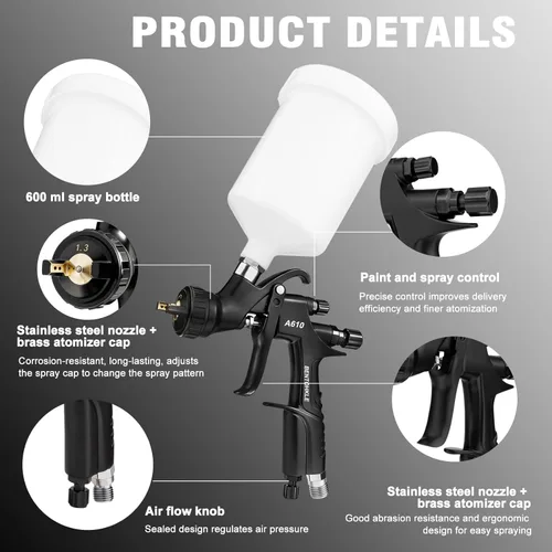 Miniatura 5 de R500 LVLP Pistola de pulverización de aire con boquillas de 1.3/1.5/0.067 in y regulador de aire, pistolas de pintura A610 automotrices kit premium