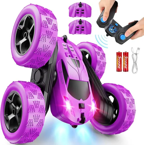 QUNREDA - Autos RC, coche de control remoto púrpura para niñas, RC de doble cara de 2.4 GHZ, automóvil de acrobacias de 360° giratorio, control
