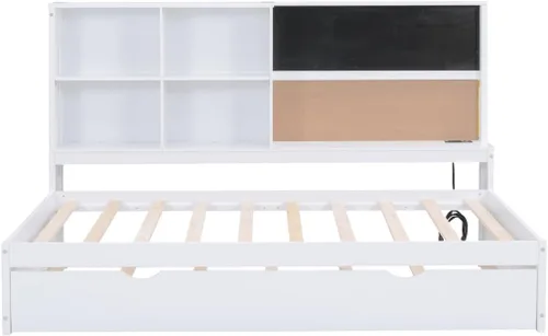 Miniatura 5 de Sofá cama de tamaño individual con nido y estantería, pizarra, tablero de corcho, sofá cama con estación de carga, puertos USB, color blanco Blanco-t