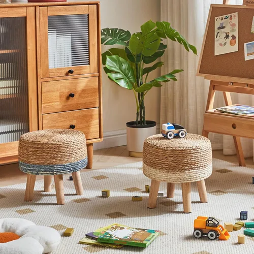 Miniatura 6 de YMYNY Taburete para pies, tejido de mano natural de algas marinas, 12.6 pulgadas, natural+azul HBD027Q Otomana pequeña, reposapiés redondo, patas