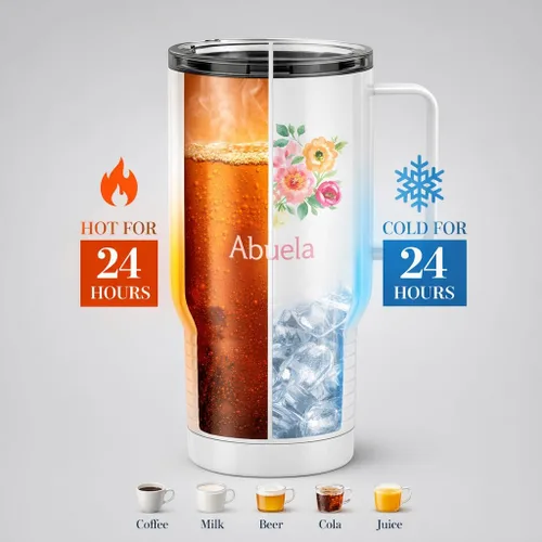 Miniatura 4 de Just So Posh Abuela Flowers Tumbler, Vaso de Café de Viaje con Asa y Tapa Deslizante, Blanco 20 oz Polar Camel, Acero Inoxidable, Aislado al Vacío