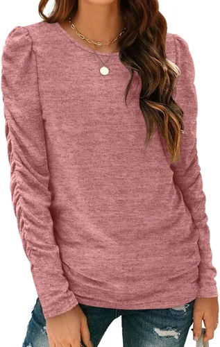 Miniatura 2 de OFEEFAN Camisetas de manga larga para mujer, túnicas ligeras, manga abombada, cuello redondo, ropa de otoño de moda 2023