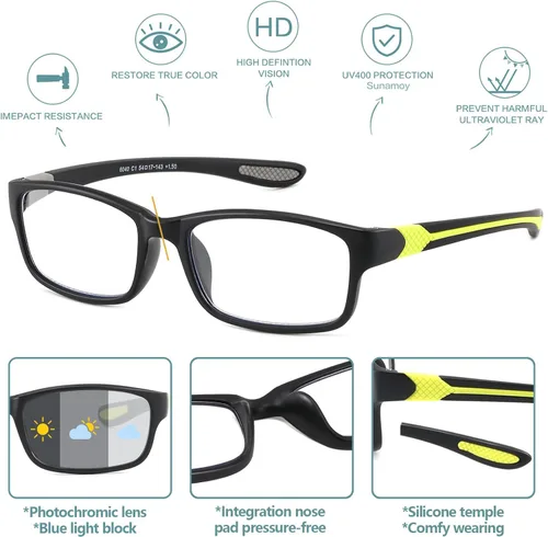 Miniatura 5 de Gafas de lectura anchas con luz azul para computadora, diseño deportivo, marco para cabeza grande, lentes fotocromáticos tintados
