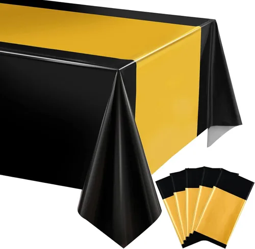 Tatuo Juego de 6 manteles de plástico negro y dorado de 54 x 108 pulgadas, manteles rectangulares desechables y camino de mesa para graduación, baby