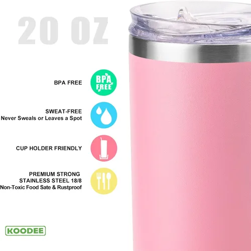Miniatura 4 de Koodee - Vaso delgado de acero inoxidable de 20 onzas (4 unidades) aislado con doble pared, vaso de agua con 4 tapas, 4 popotes y 2 cepillos