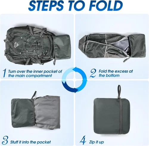Miniatura 6 de IGOLUMON Mochila de senderismo de 40 L, plegable, ligera, mochila de camping para hombres y mujeres, impermeable, mochila de senderismo al aire Gris