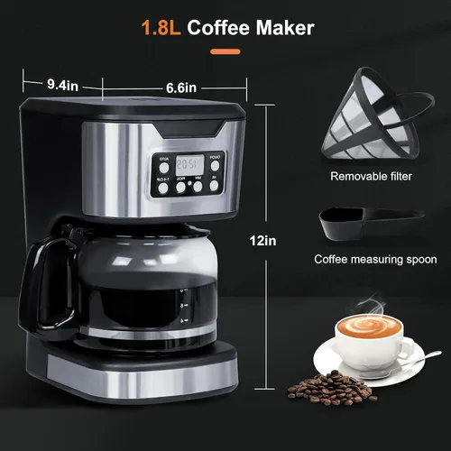 Miniatura 6 de Cafetera programable de 12 tazas, máquina de café de preparación y goteo, totalmente automática, ajuste de 1-4 tazas, de acero inoxidable, función