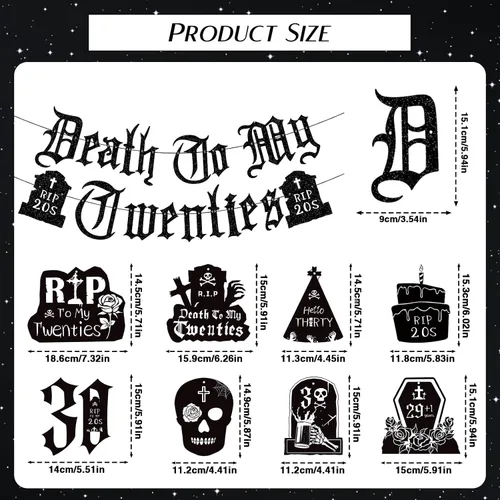 Miniatura 3 de Decoraciones de Death to My 20 – 14 piezas negras para decoración de fiesta de cumpleaños de 30 años, pancarta colgante de remolinos rasgados a mis