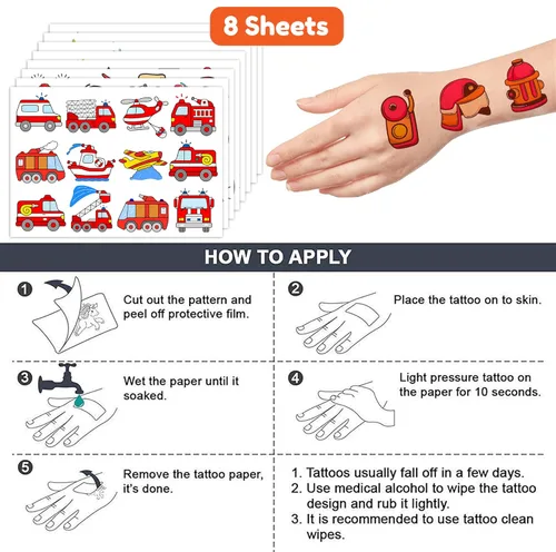 Miniatura 7 de 96 tatuajes temporales de bombero para niños, lindos tatuajes falsos de camión de bomberos para niños, regalos de fiesta de cumpleaños, recompensas